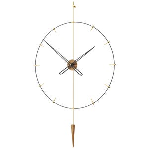May include: A contemporary wall clock with a black circular frame and gold detailing. The clock has black hands, a wooden centre, and a wooden pendulum. It is suspended by a gold-coloured wire and is designed for wall mounting. The clock's diameter is approximately 60 cm.