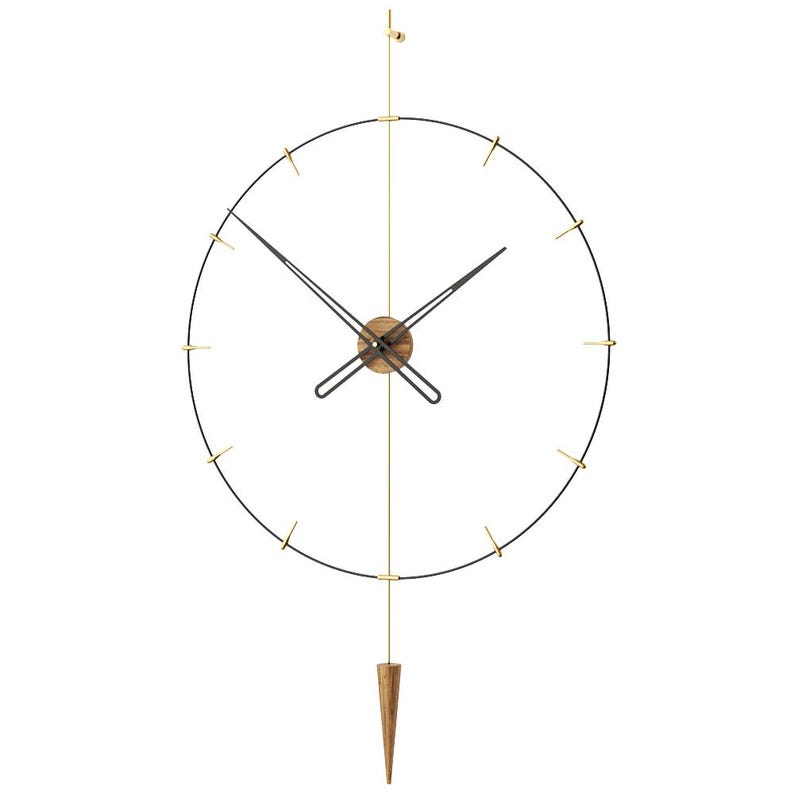 May include: A contemporary wall clock with a black circular frame and gold detailing. The clock has black hands, a wooden centre, and a wooden pendulum. It is suspended by a gold-coloured wire and is designed for wall mounting. The clock's diameter is approximately 60 cm.