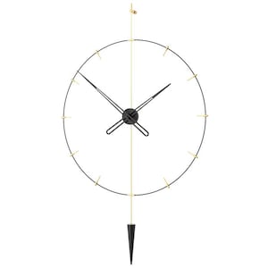 May include: A contemporary wall clock with a black circular frame and gold detailing. The clock has black hands and a black, cone-shaped pendulum. It is suspended by a gold rod and a small gold hook. The clock's diameter is approximately 60 cm.