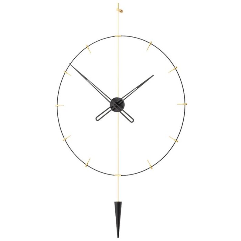 May include: A contemporary wall clock with a black circular frame and gold detailing. The clock has black hands and a black, cone-shaped pendulum. It is suspended by a gold rod and a small gold hook. The clock's diameter is approximately 60 cm.