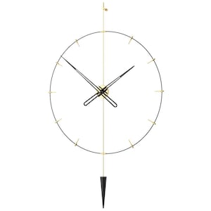 May include: A contemporary wall clock with a black circular frame and gold detailing. The clock has black hands, gold markers, and a black pendulum. It hangs from a gold wire against a white backdrop. The clock's diameter is approximately 60 cm.
