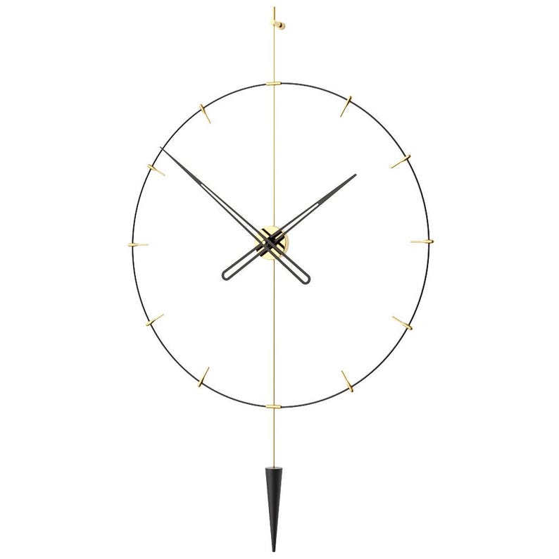 May include: A contemporary wall clock with a black circular frame and gold detailing. The clock has black hands, gold markers, and a black pendulum. It hangs from a gold wire against a white backdrop. The clock's diameter is approximately 60 cm.