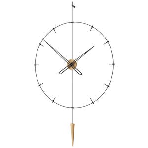 May include: A contemporary wall clock featuring a black metal frame and hands. The clock face is a minimalist circle with hour markers. A wooden pendulum hangs beneath, adding a natural element. The clock's diameter is approximately 40 cm.
