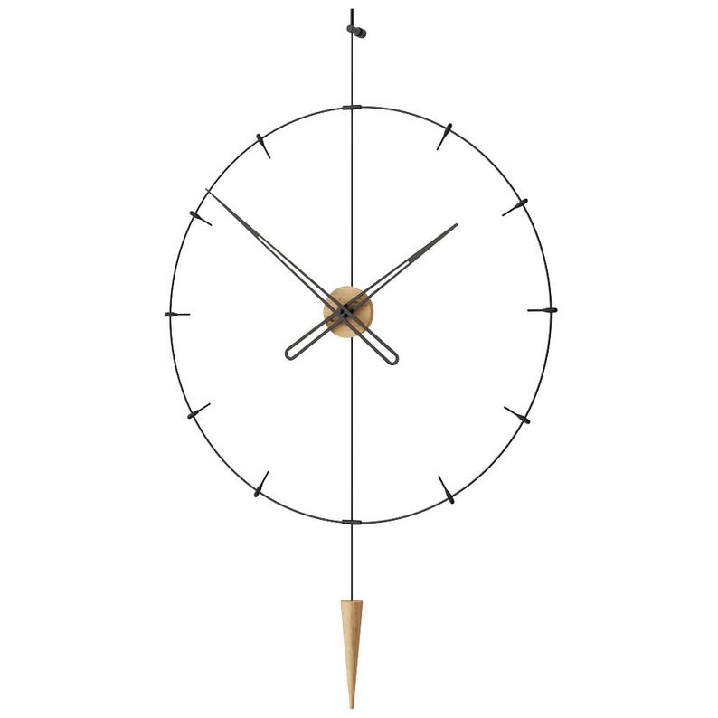 May include: A contemporary wall clock featuring a black metal frame and hands. The clock face is a minimalist circle with hour markers. A wooden pendulum hangs beneath, adding a natural element. The clock's diameter is approximately 40 cm.