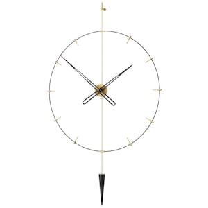 May include: A contemporary wall clock with a black circular frame and gold detailing. The clock has black hands, a gold centre, and a black pendulum. It is suspended by a gold wire, and the measurements are in centimetres.