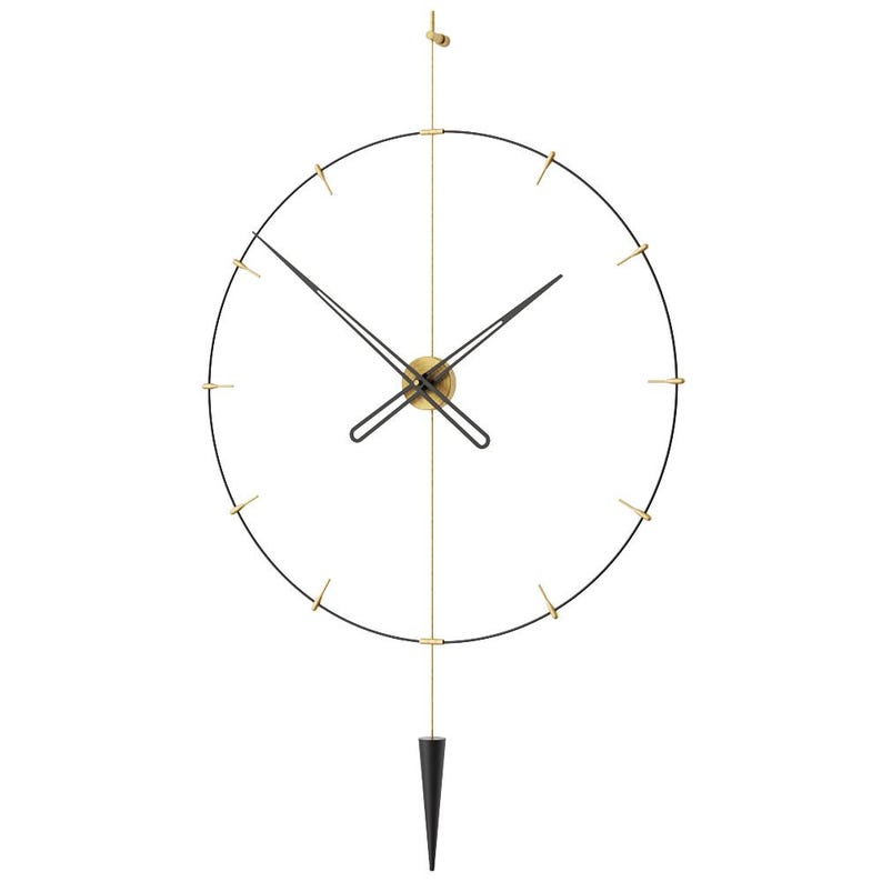 May include: A contemporary wall clock with a black circular frame and gold detailing. The clock has black hands, a gold centre, and a black pendulum. It is suspended by a gold wire, and the measurements are in centimetres.