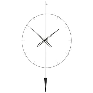 May include: A contemporary wall clock featuring a black circular frame and hands. The clock has a silver centre and a black, cone-shaped pendulum. The clock's diameter is approximately 61 cm.