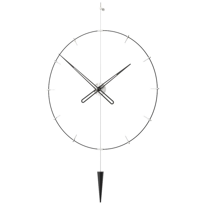 May include: A contemporary wall clock featuring a black circular frame and hands. The clock has a silver centre and a black, cone-shaped pendulum. The clock's diameter is approximately 61 cm.