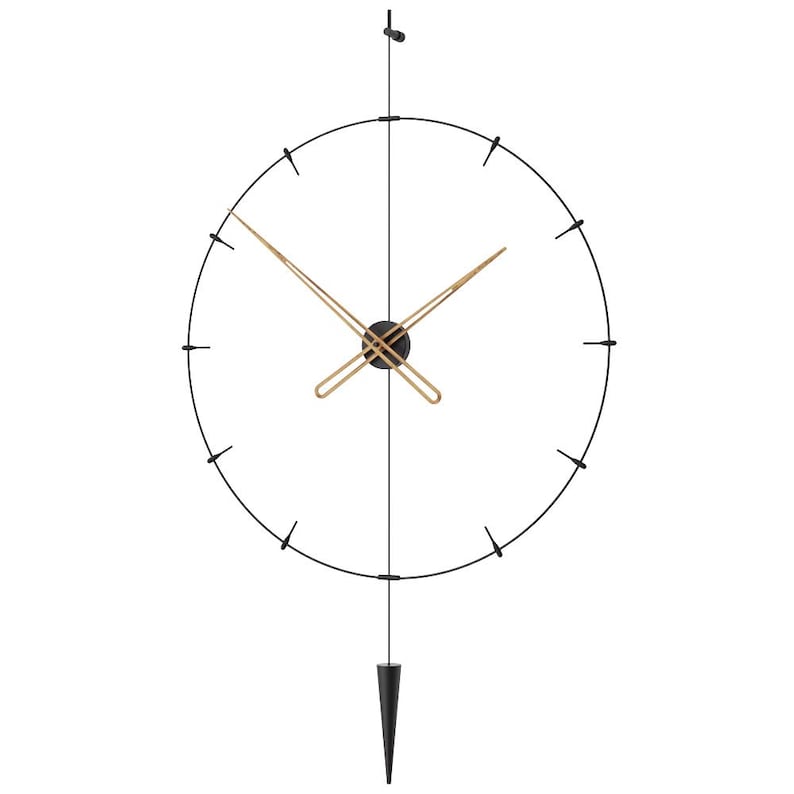 May include: A contemporary wall clock with a black metal frame and gold-coloured hands. The clock has a circular design with small markers and a pendulum. The clock's hands are gold, and the pendulum is a black cone shape.
