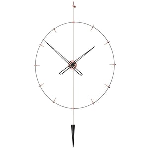 May include: A contemporary wall clock with a black circular frame and copper-coloured accents. The clock has black hands, a copper-coloured centre, and a black pendulum. The design is sleek and modern, suitable for home decor, with a diameter of approximately 60 cm.