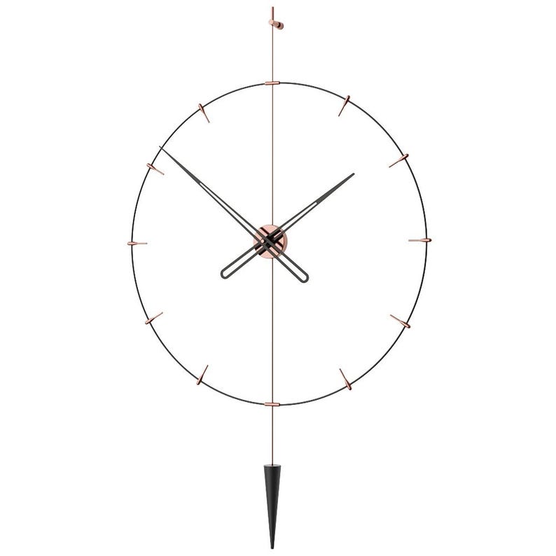 May include: A contemporary wall clock with a black circular frame and copper-coloured accents. The clock has black hands, a copper-coloured centre, and a black pendulum. The design is sleek and modern, suitable for home decor, with a diameter of approximately 60 cm.