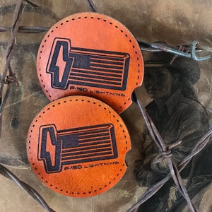 PAIR Leather Engraved Cup Holder Insert Liner Coasters F-150 Lightning US Veteran Made USA