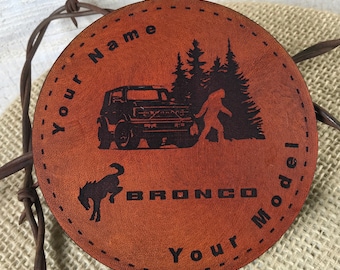 Pair Leather Engraved Coaster Bronco Theme US Veteran Made USA