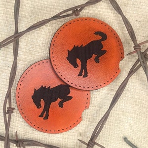 PAIR Leather Engraved Bronco Theme Cup Holder Insert Coasters US Veteran Made USA