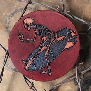 Bomb&#39;s Away Leather Engraved Coaster Skeleton Riding Bomb US Veteran Made USA