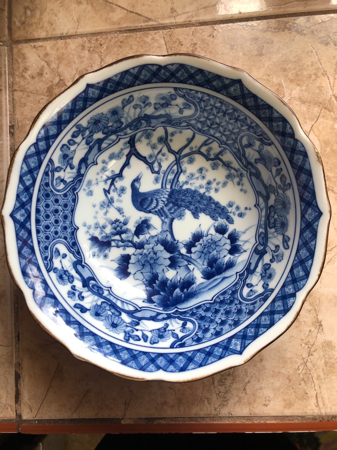 Imari Vintage Blue And White Peacock Bowl With Cherry Blossom Etsy