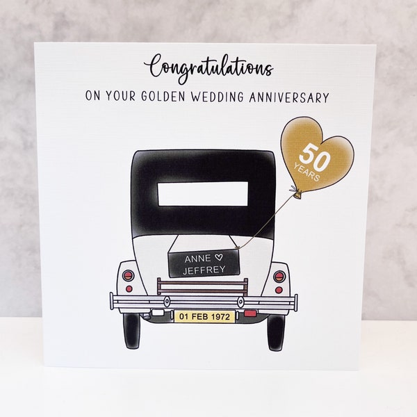 Personalised Golden Wedding Anniversary Card, Married 50 Years, Vintage Wedding Car, Golden Anniversary, Any Relative