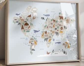 Animals World Map, Kids Animal World Map Printable, Classroom World Map Wall Art, Educational Poster, Nursery Prints, Instant Download