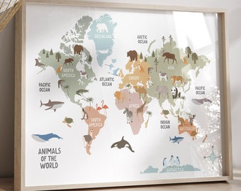 Tiere Weltkarte, Kinder Tiere Weltkarte druckbare, AKTUALISIERTE Weltkarte Kinderzimmer Wandkunst, Lernposter, Kinderzimmer Drucke, sofort Download