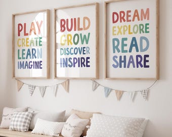Set of 3 Kids Playroom Printable Art, Playroom Rules, Children's Classroom Decor, Virtual Homeschool Art