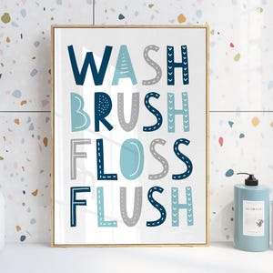 Wash Brush Floss Flush Print, Kids Bathroom Wall Art, Children&#39;s Bathroom Rules, Bathroom Printable Art