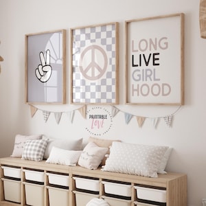 Long Live Girlhood Set of 3 Gallery Prints, Girls Bedroom Printable, Kids Playroom Decor, Retro Playroom Poster, Groovy Nursery Peace Sign