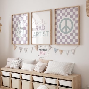 Rad Little Artist Set of 3 Gallery Prints, Girls Bedroom Printable, Playroom Decor, Retro Playroom Poster, Groovy Peace Sign Nursery Girl