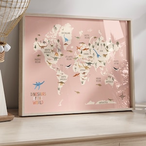 Impresión del mapa del mundo de los dinosaurios, dinosaurios del mundo arte del aula, cartel educativo, mapa del mundo jurásico, cartel educativo