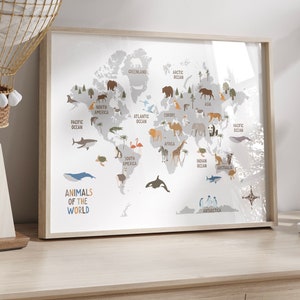 Tiere Weltkarte, Kinder Tiere Weltkarte druckbare, AKTUALISIERTE Weltkarte Kinderzimmer Wandkunst, Lernposter, Kinderzimmer Drucke, sofort Download