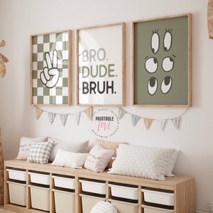 Set of 3 Gallery Prints, Bro Dude Bruh Wall Decor, Sage Green Boys Bedroom Set, Kids playroom Decor, Boy Playroom Poster