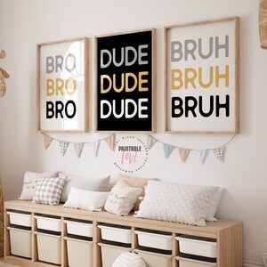 Set of 3 Gallery Prints Bro Dude Bruh, Boys Room Wall Decor, Yellow ...
