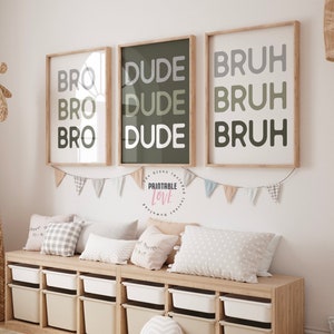 Set of 3 Gallery Prints Bro Dude Bruh, Boys Room Wall Decor, Sage Green Boys Bedroom Set, Kids playroom Decor, Bothers Poster Set