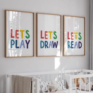 Juego de 3 láminas, decoración para aulas infantiles, imprimible para sala de juegos: Juguemos, dibujemos, leamos, arte escolar para el hogar.