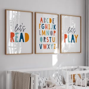 Juego de 3 láminas imprimibles para sala de juegos, decoración infantil, Let's Read Let's Play, juego de láminas para guardería, decoración de sala de juegos