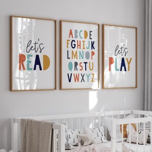Set of 3 Playroom Printable Art, Kids Room Decor, Let's Read Let's Play, Nursery Print Set, Playroom Decor