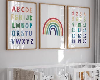 3er-Set Prints, ABC Printable, Zahlen 1-20, Regenbogen Print, Alphabet Poster, Zahlendruck, ABC Wandkunst, 123 Counting Poster