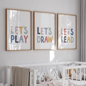 Set van 3 prenten, decor kinderklas, afdrukbaar speelkamer, laten we spelen, tekenen, lezen, thuisschoolkunst afdrukbaar