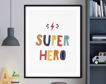Impresión de superhéroes, decoración de la habitación de los niños, arte de la pared de los niños, decoración de la pared de la guardería, impresión de la habitación de los niños, decoración de la guardería del superhéroe