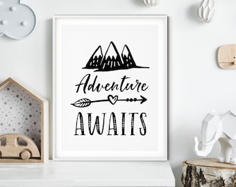 Adventure Awaits Print, Adventure Nursery Decor, Kids Room Art, Woodland Nursery Decor