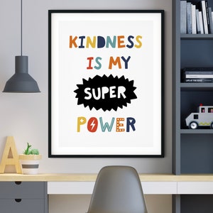 Kindness Is My Super Power Print, Superbohater Printable, Superbohaterski pokój dziecięcy, Superbohaterski wystrój, Sztuka ścienna do pokoju dziecięcego