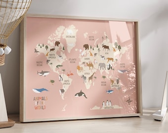 Animals World Map, Kids Animal World Map Printable, UPDATED World Map Nursery Wall Art, Educational Poster, Nursery Prints, Instant Download