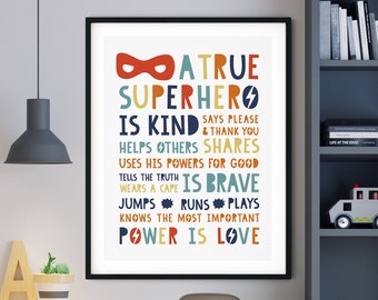 Superhero Rules, Superhero Wall Art, Superhero Nursery Art, Superhero Room Decor, Super Hero Rules, True Superhero Instant Download Print