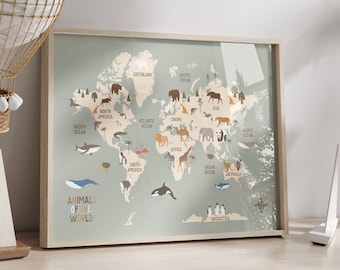 Animals World Map, Kids Animal World Map Printable, UPDATED World Map Nursery Wall Art, Educational Poster, Nursery Prints, Instant Download