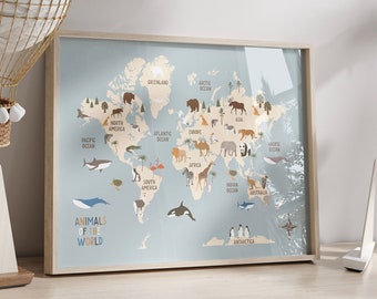 Animals World Map, Kids Animal World Map Printable, UPDATED World Map Nursery Wall Art, Educational Poster, Nursery Prints, Instant Download