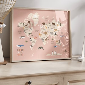 Tiere Weltkarte, Kinder Tiere Weltkarte druckbare, AKTUALISIERTE Weltkarte Kinderzimmer Wandkunst, Lernposter, Kinderzimmer Drucke, sofort Download