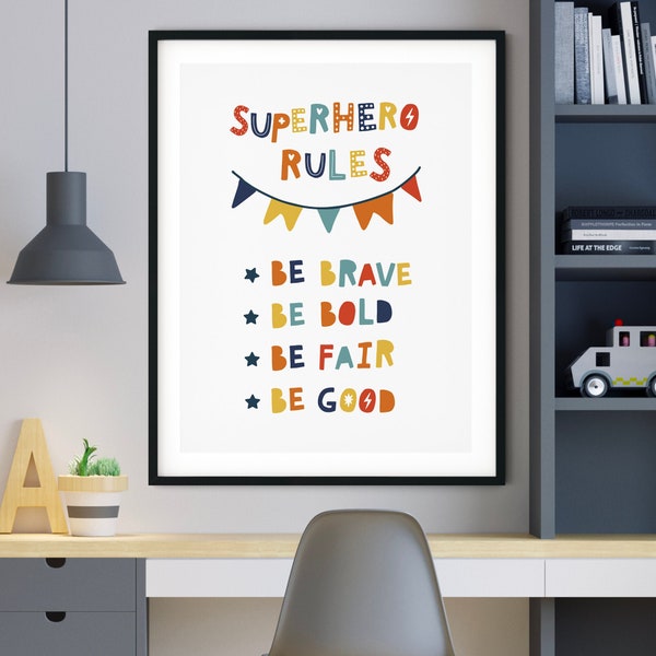 Regole dei supereroi, Arte della parete dei supereroi, Arte della cameretta dei supereroi, Decorazione della stanza dei supereroi, Regole dei supereroi