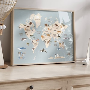 Tiere Weltkarte, Kinder Tiere Weltkarte druckbare, AKTUALISIERTE Weltkarte Kinderzimmer Wandkunst, Lernposter, Kinderzimmer Drucke, sofort Download