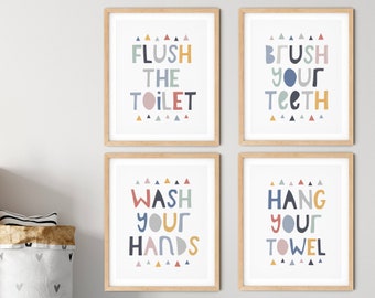 Bathroom Art Set, Kids Bathroom Sets, Flush the Toilet, Brush Your Teeth, Wash Your Hands, Hang Your Towel, Bathroom Rules, *Bestseller