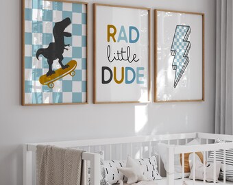 3er Set Galleriedrucke, Rad Little Dude Wanddekoration, Dinosaurier Skateboard Jungen-Schlafzimmer-Set, Kinder Spielzimmer Dekor, Retro Spielzimmer Poster