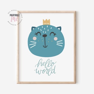 Hello World Cat Print, Kids Room Decor, Kids Wall Art, Nursery Wall Decor, Kids Room Print, Hello World Cat Printable